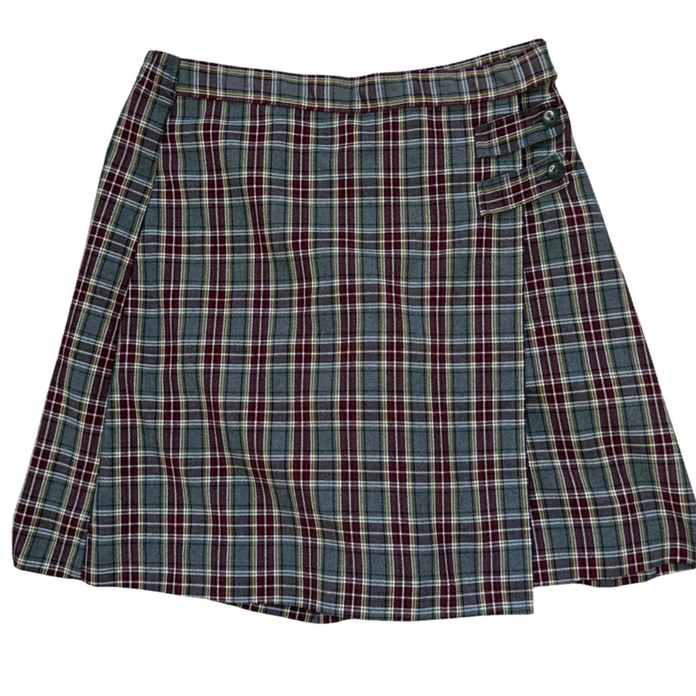 Dennis Uniform Plaid Skort Grey Burgundy Yellow Wrap Front School Skirt J3 USA
